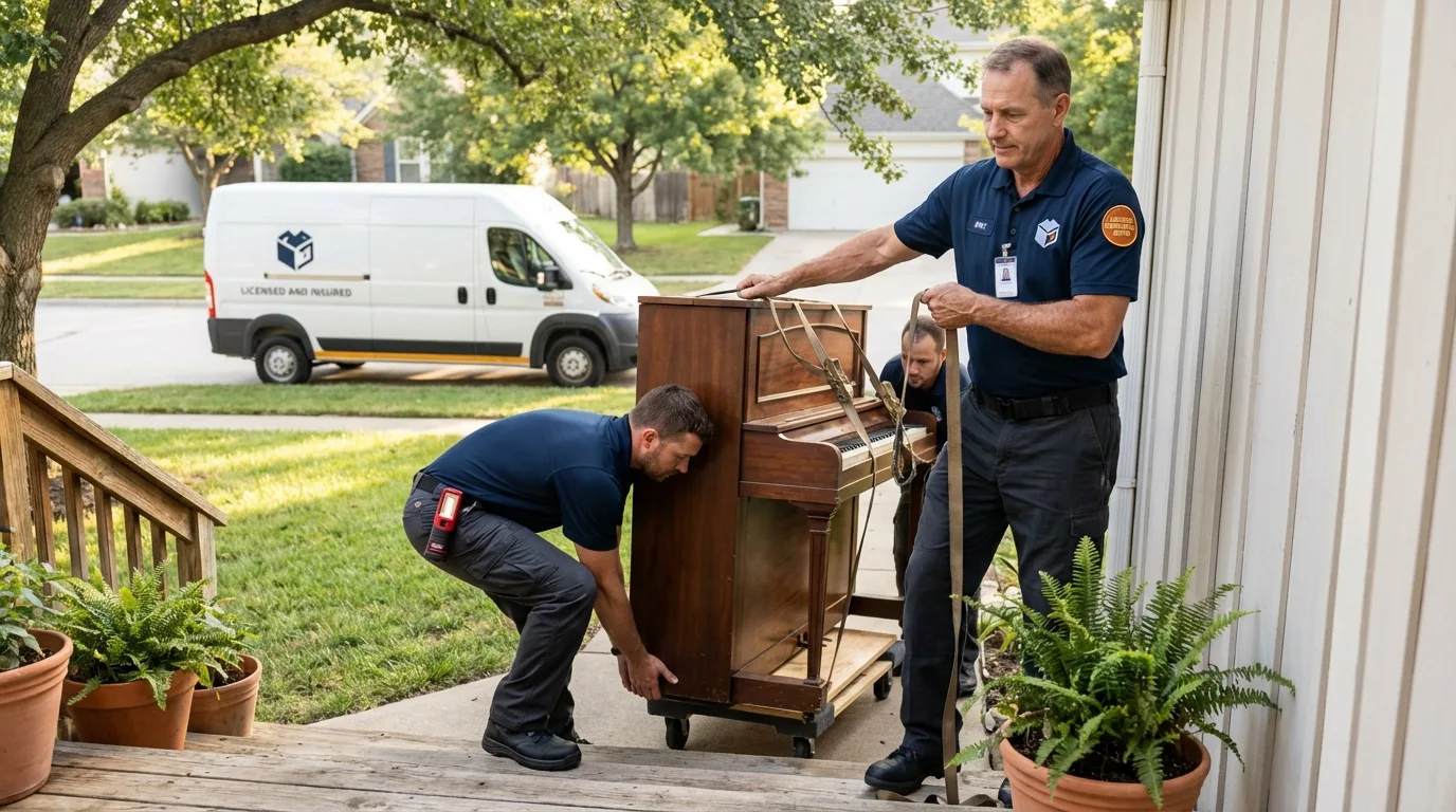 Licensed piano movers securing grand piano in Landing, NJ