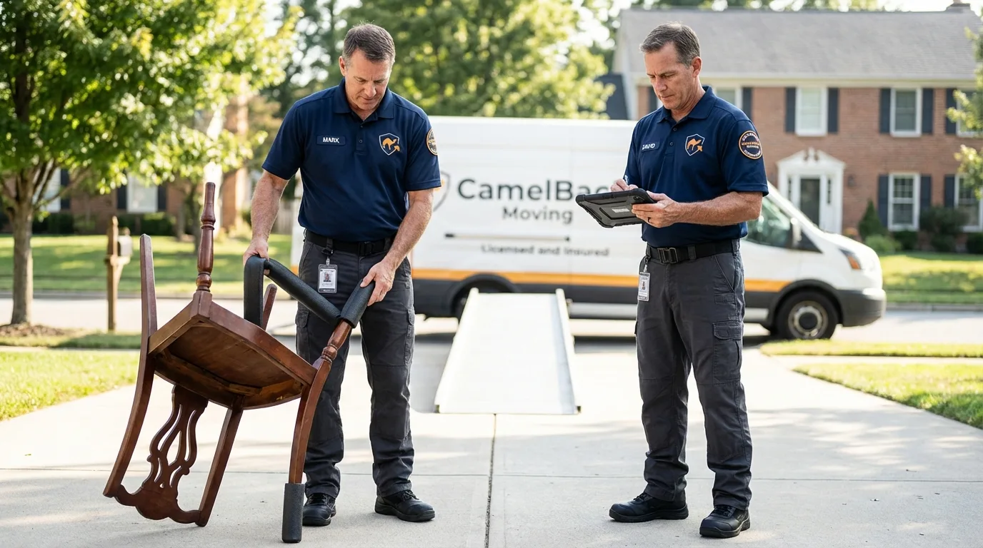 Movers inspecting furniture for damage prevention before loading in Landing, NJ